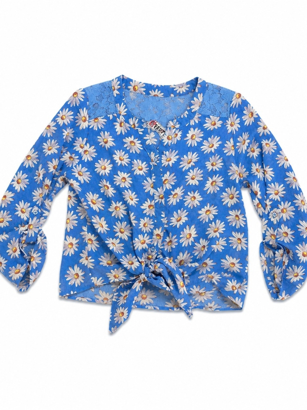 Beautees Blue Daisy Tie-Front Blouse